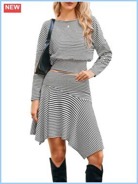Striped Two Piece Skirt Set Long Sleeve Top Mini Skirt Irregular Hem
